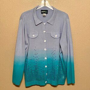 CAROL PATTERSON KNITS Sequin Embellished Sweater Ombre Cardigan Teal/Purple (L)